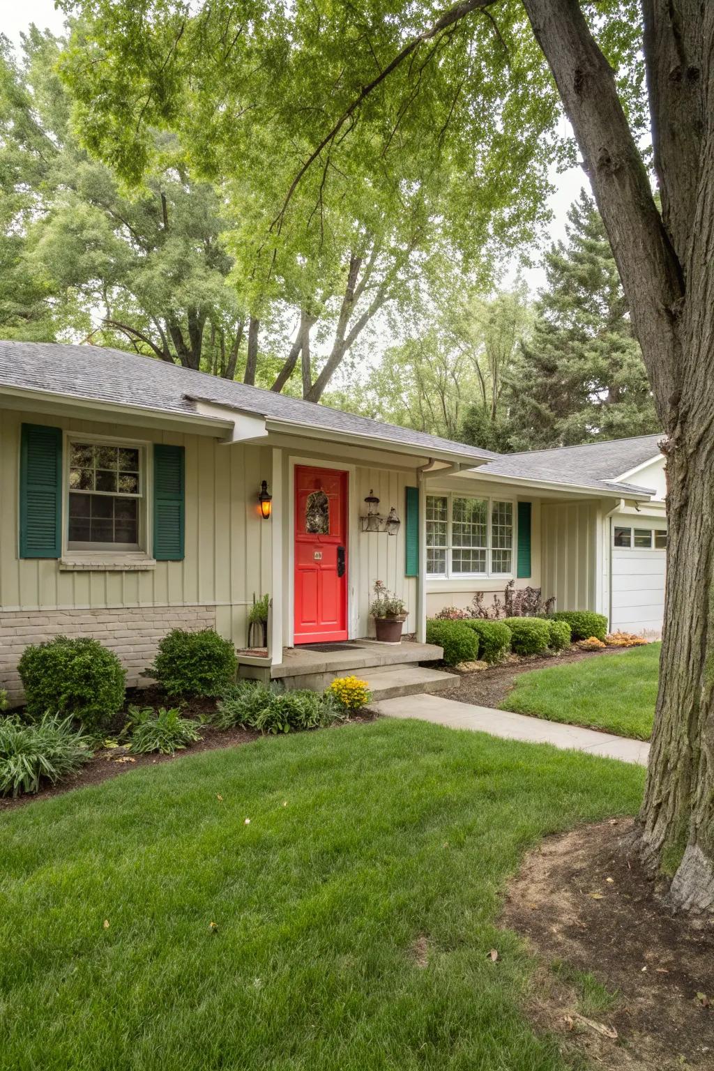 A bold front door stands out as a welcoming focal point.