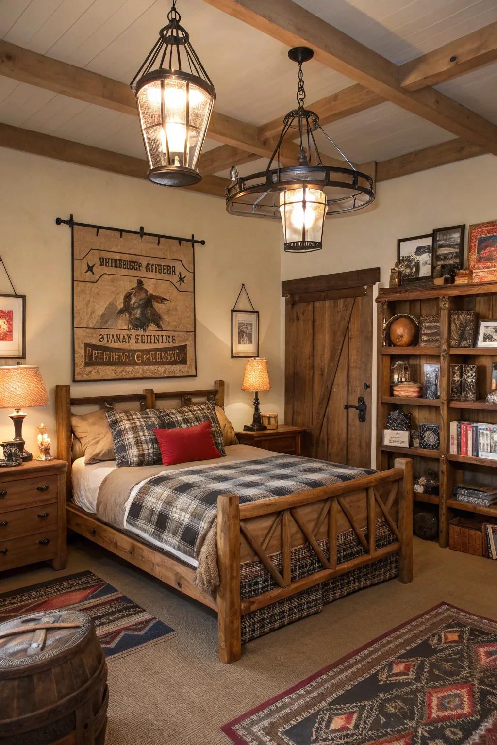A bedroom showcasing wrought iron lighting installations and countryside decor.