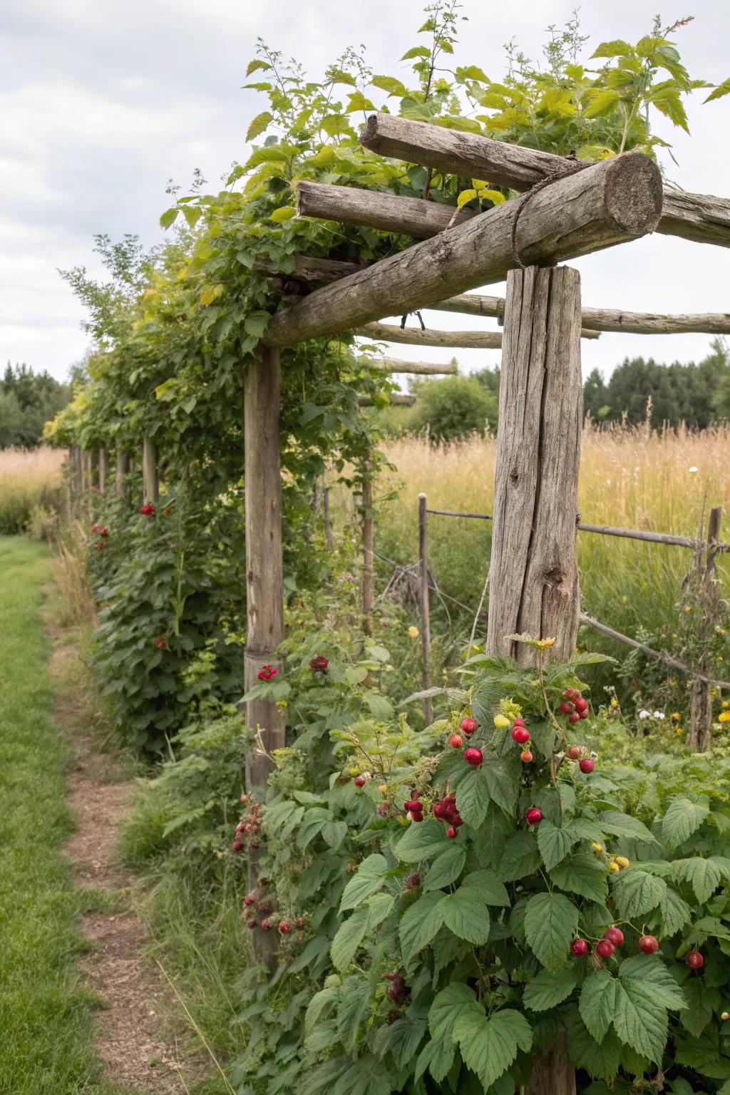 A rustic log trellis infuses character and strength into a raspberry area.