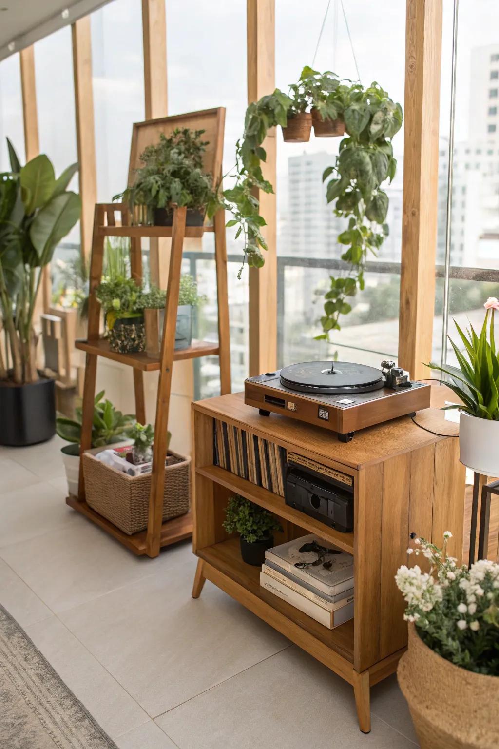 Nature-inspired record player space with greenery.