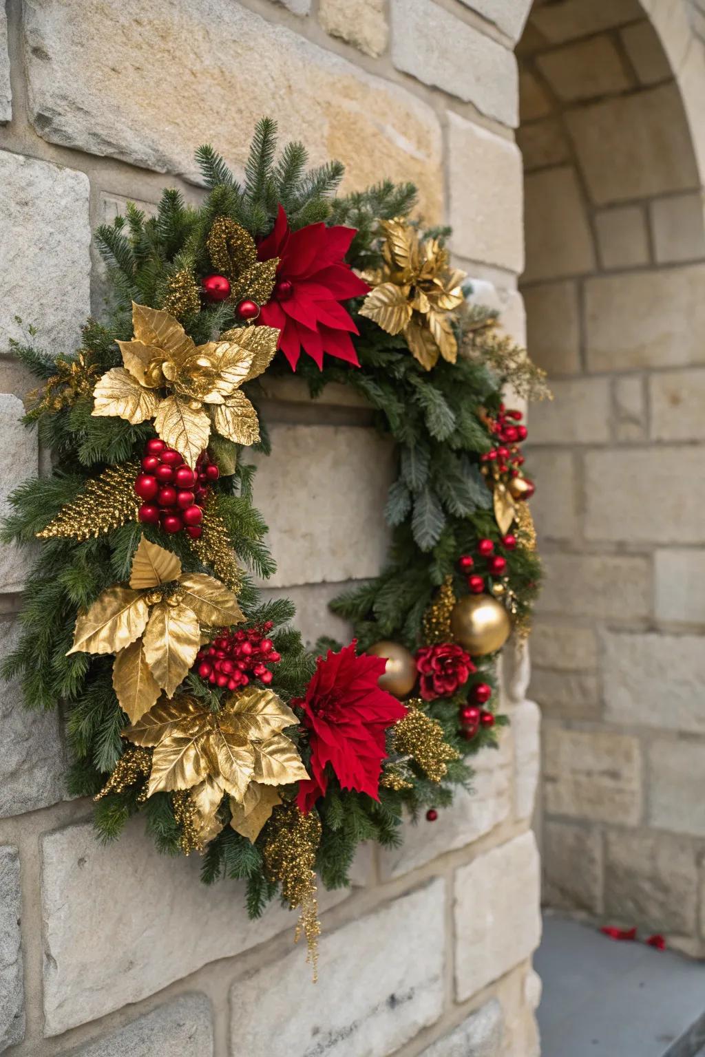 Grand statement achieved with gilded foliage and blossoms.