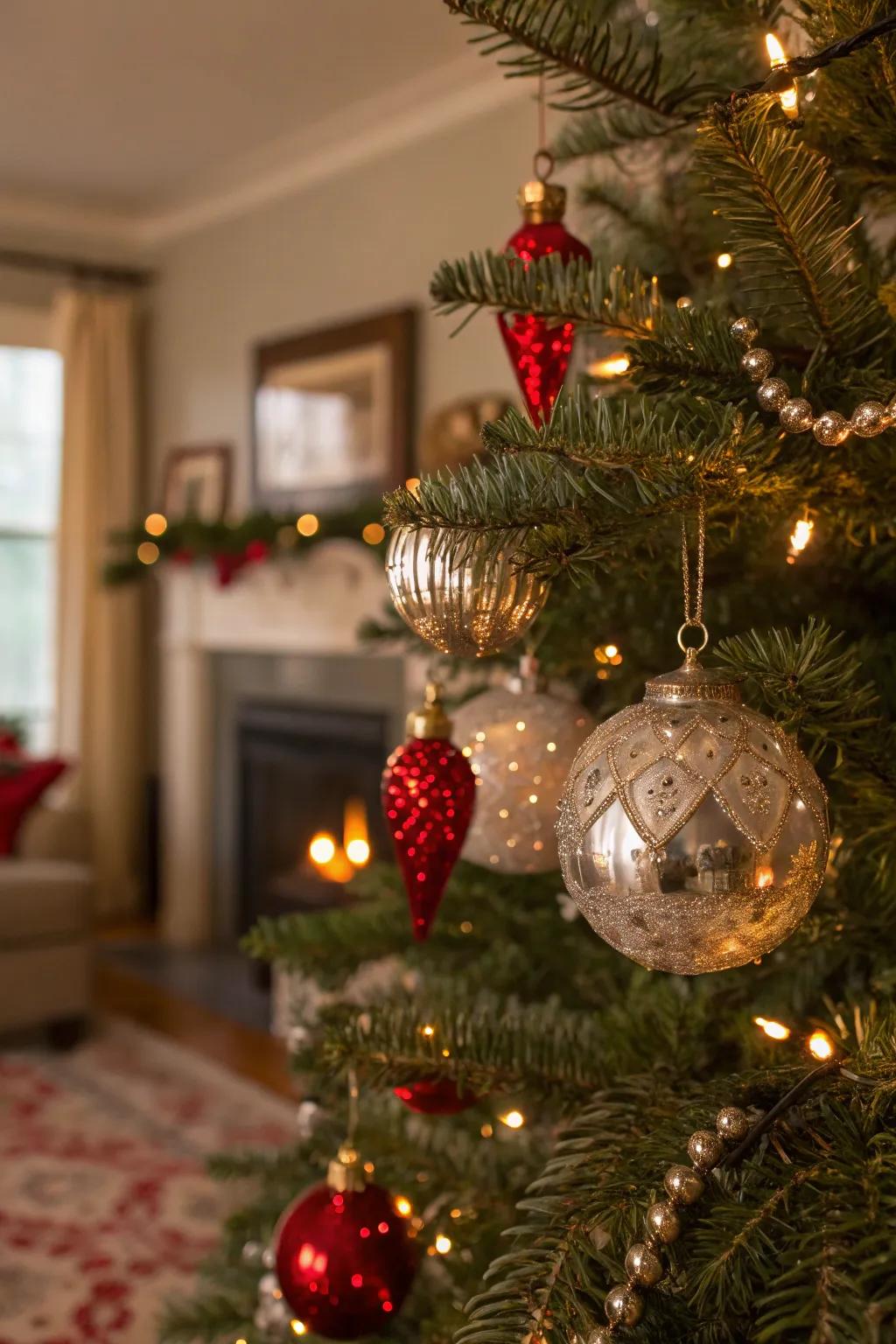 Vintage mercury glass adds a nostalgic, reflective quality.