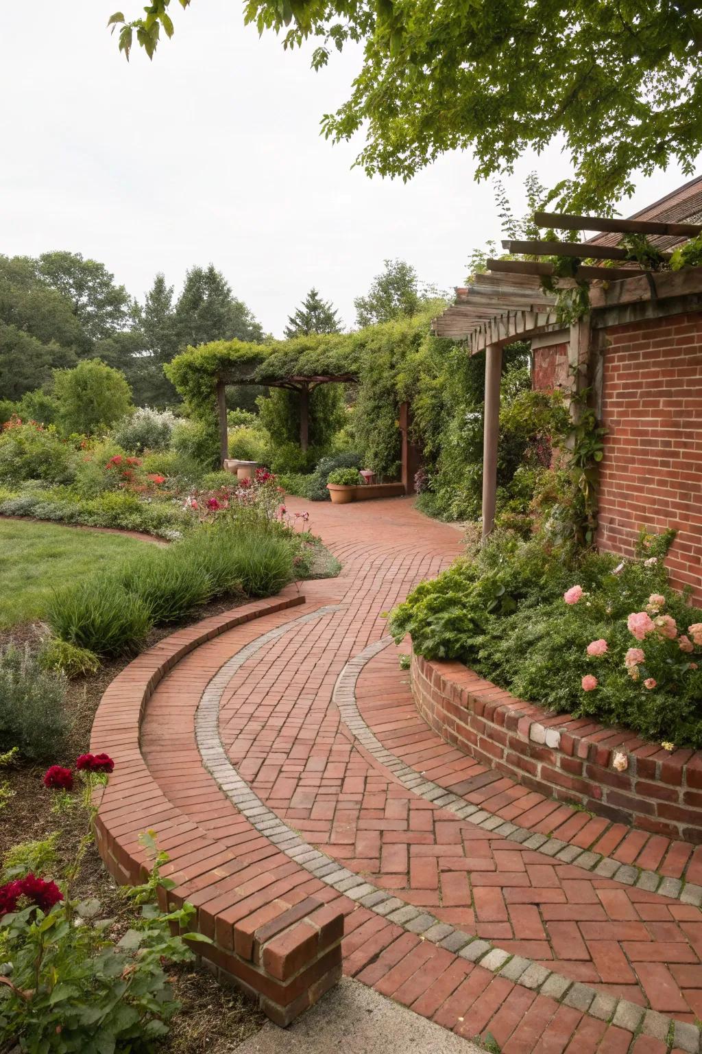A red brick patio featuring distinct and inventive pathways