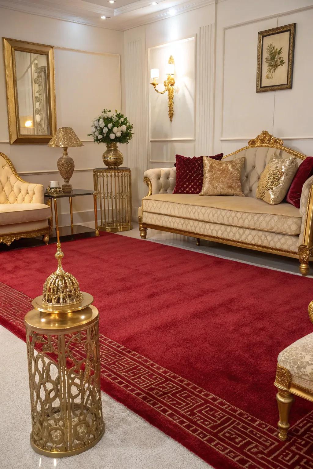 An opulent lounge where scarlet and aurum create a regal ambiance.