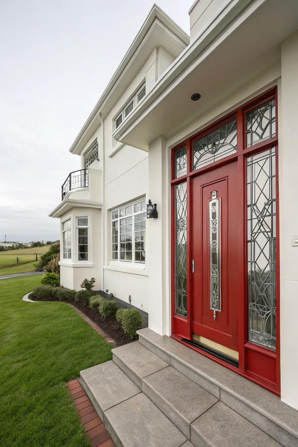 Art Deco house featuring a red entrance, displaying geometric features.