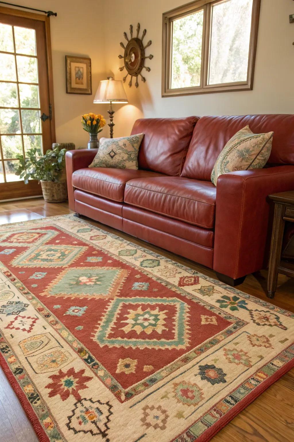 A declaration floor covering secures the space and enhances the appeal of a scarlet hide settee.