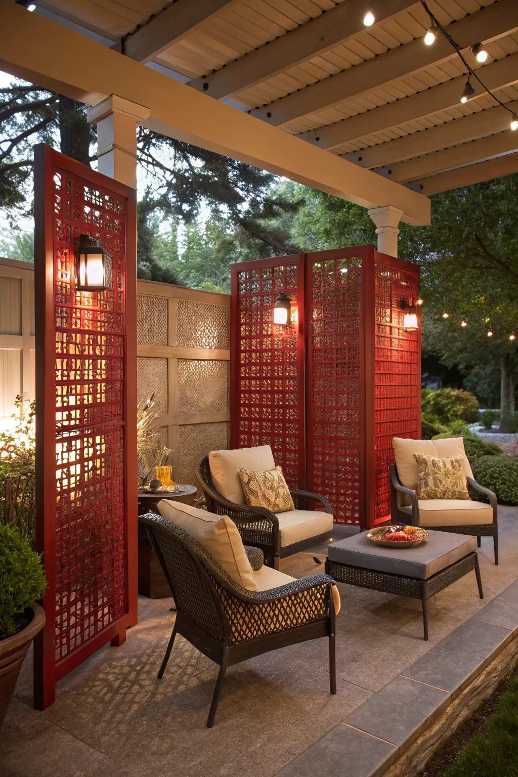 Scarlet lattice screens offer privacy and style.