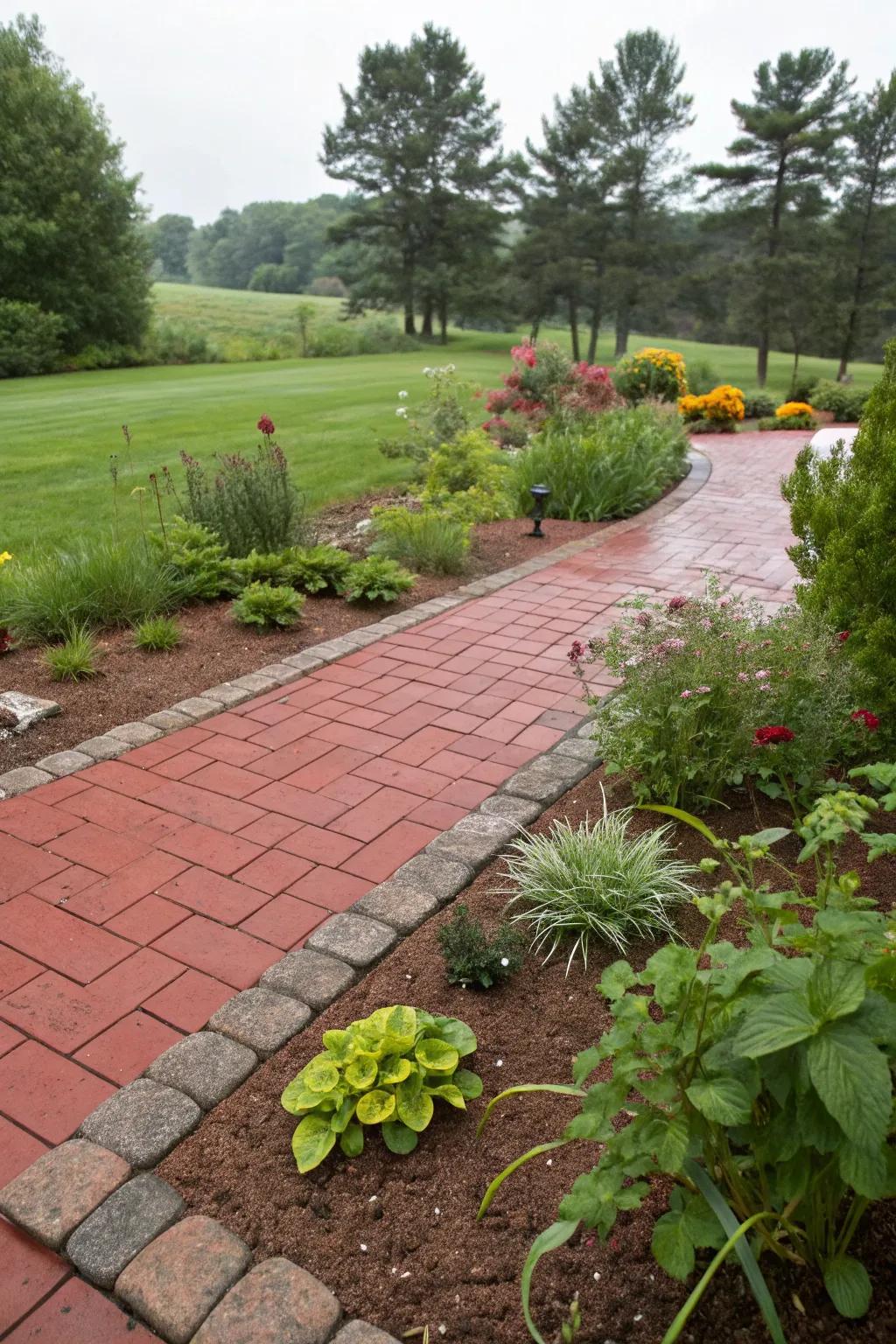 Eco-conscious rainwater gardens complement the beauty of crimson pavers.