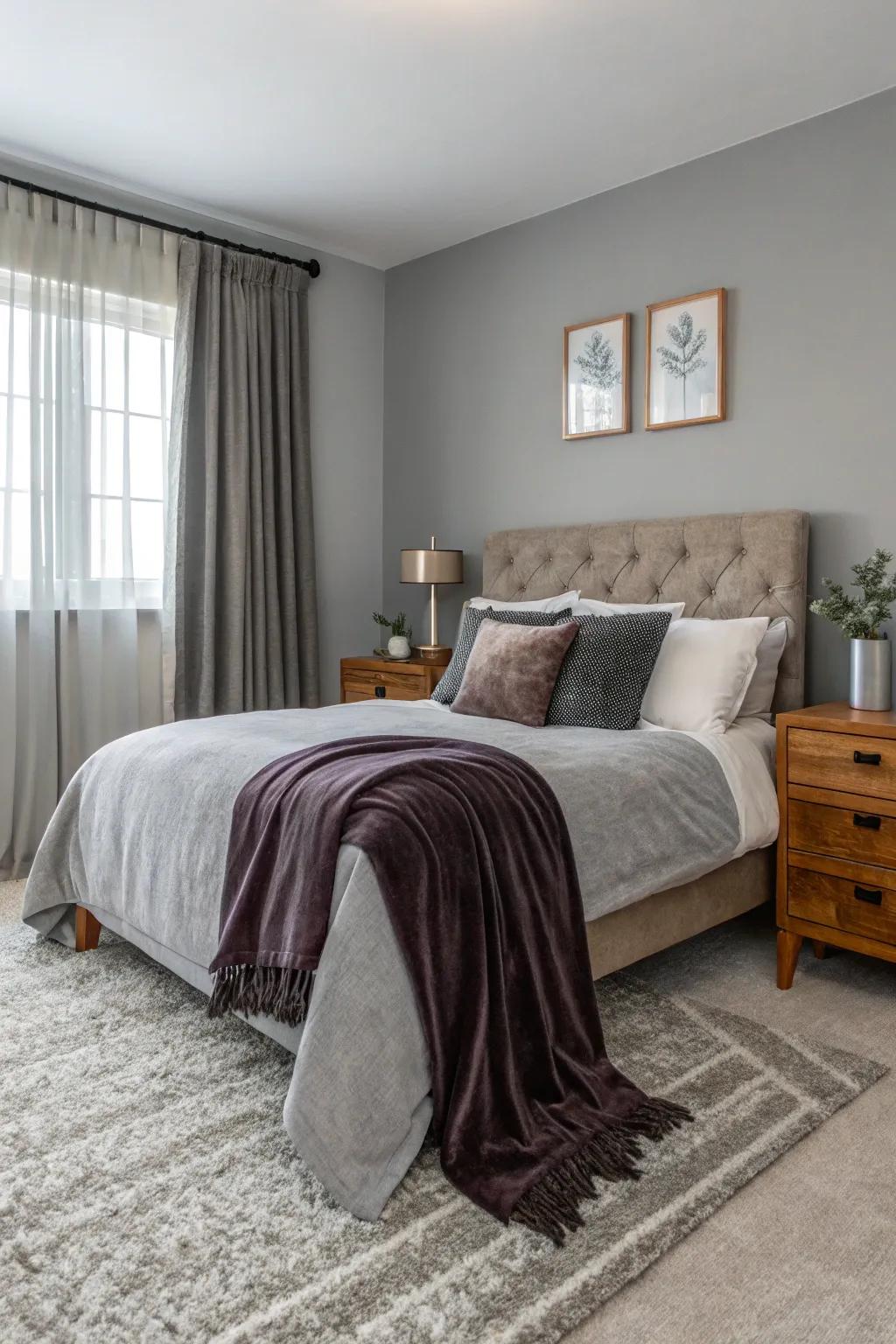 Blended textures enhance depth and visual interest in a repose gray bedroom.