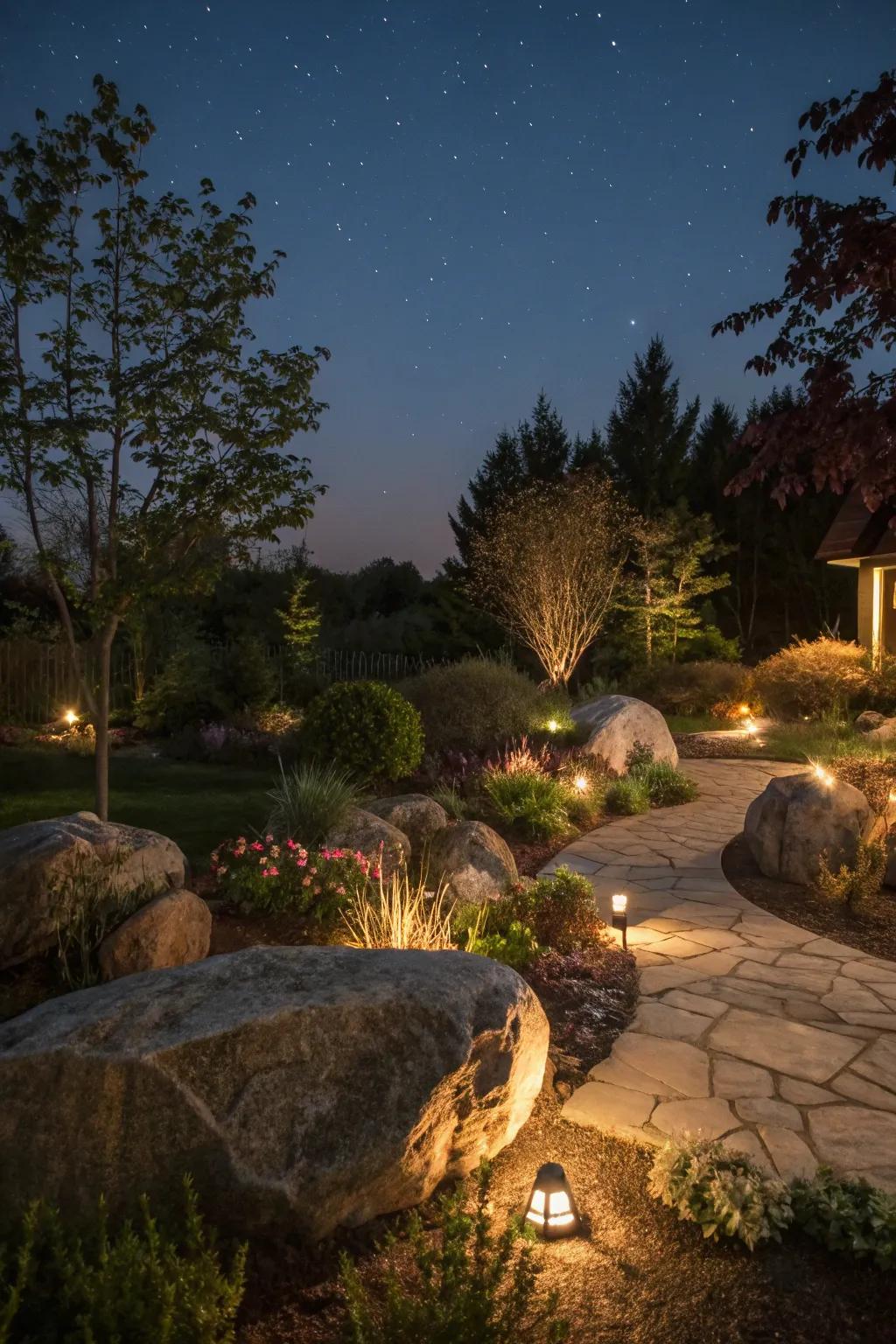 Illumination can transform stones into mesmerizing nighttime features.