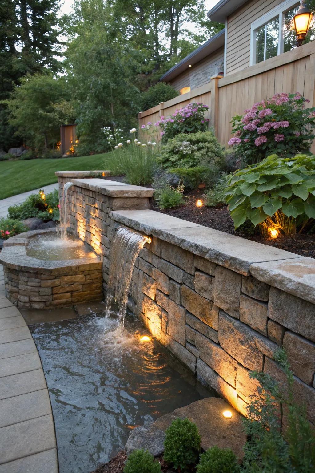 A retaining wall enhanced with a bubbling water feature, creating a peaceful garden atmosphere.