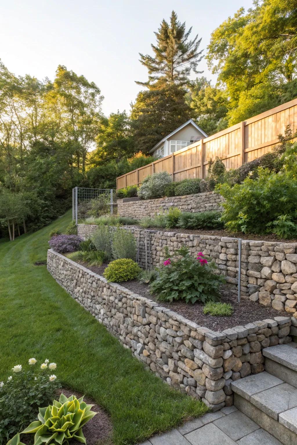 Gabion builds offer a modern, industrial beauty using organic elements.