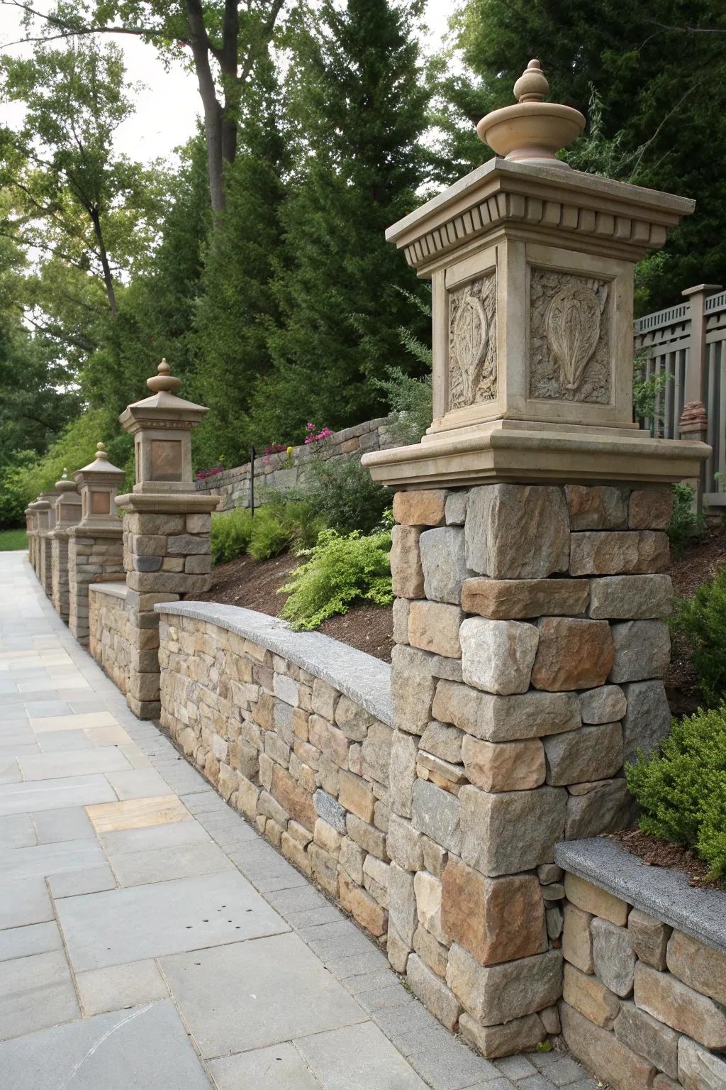 Elevate your garden's entrance with elegant stone ending pillars for a touch of ageless charm.