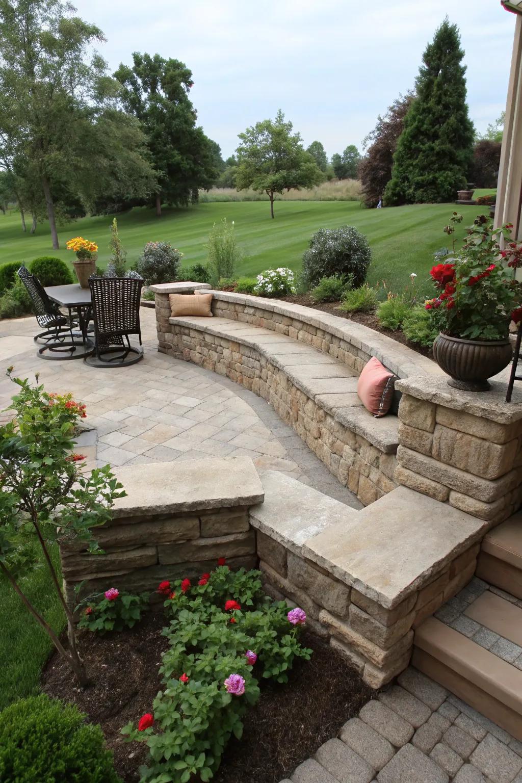 Integrated seating transforms retaining walls into zones for relaxation.
