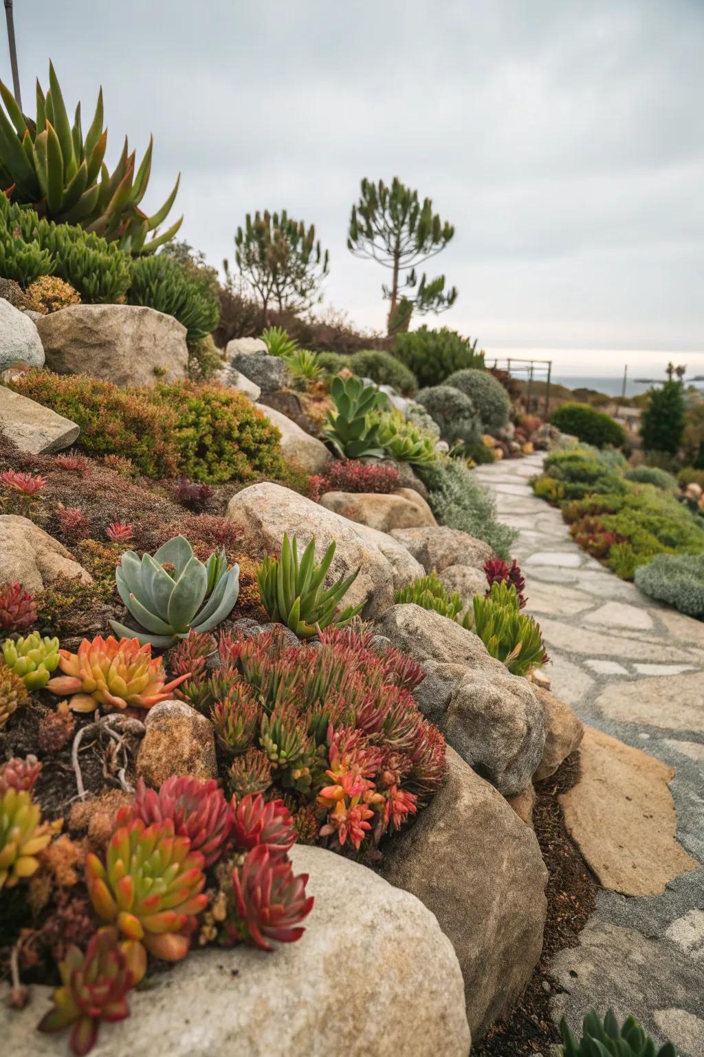 Succulents and boulders fashion a dynamic and vibrant display.
