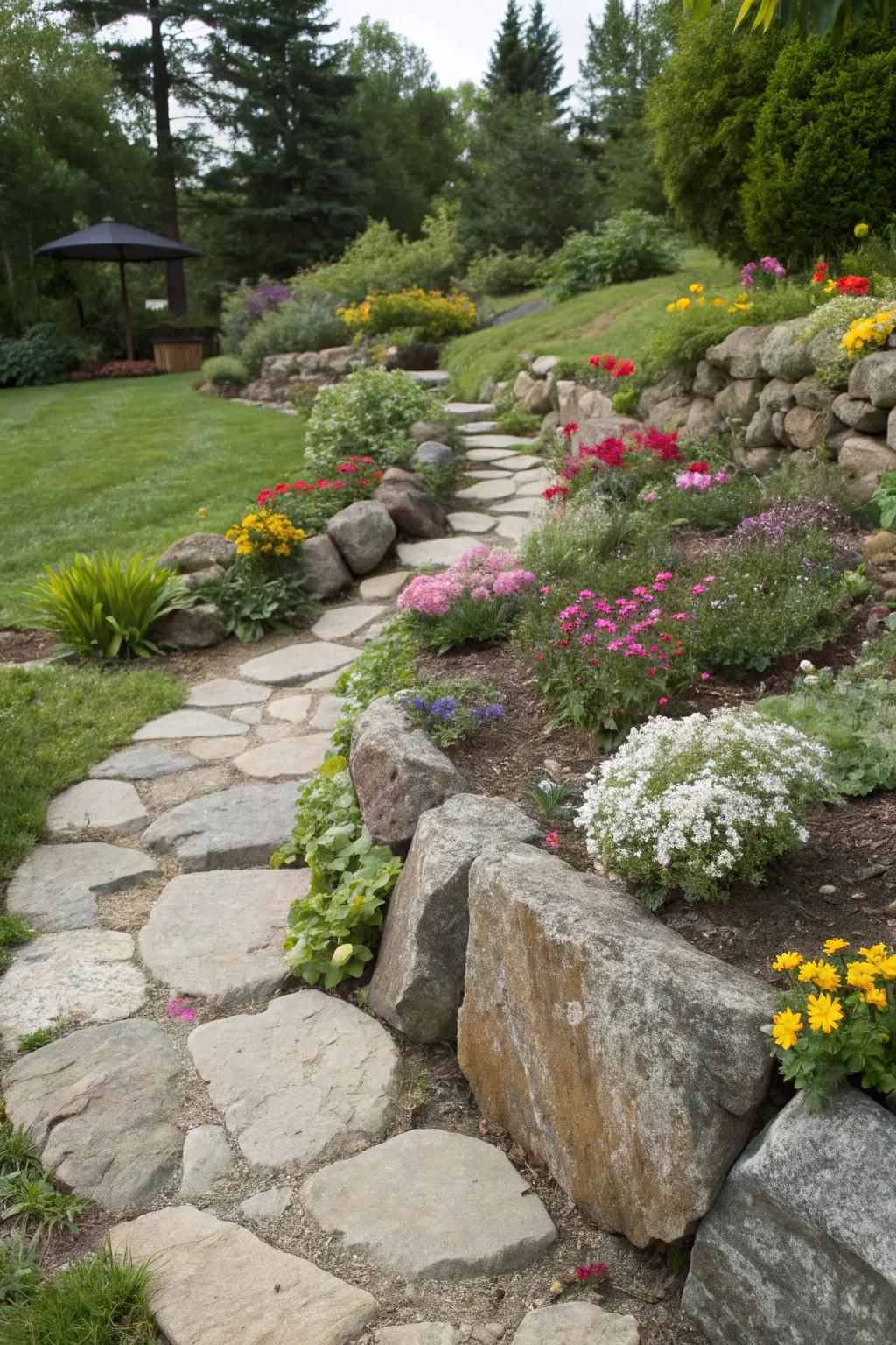 Stone borders tastefully defining garden paths and flower beds.