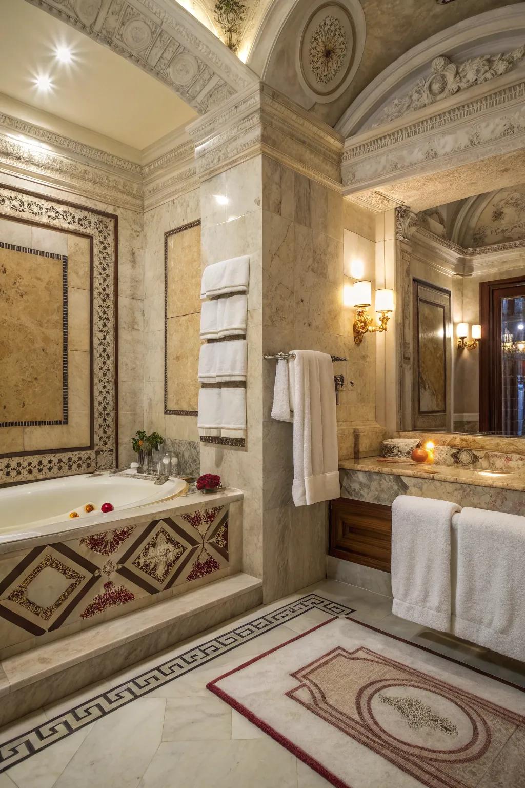Luxurious materials add warmth and comfort to this Roman-inspired bathroom.