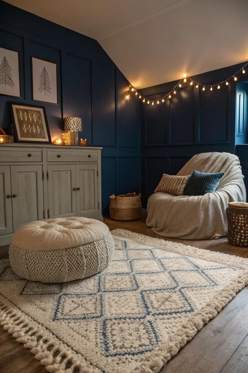 Soft rugs improve the relaxation and cohesiveness of a deep blue sleeping quarter.