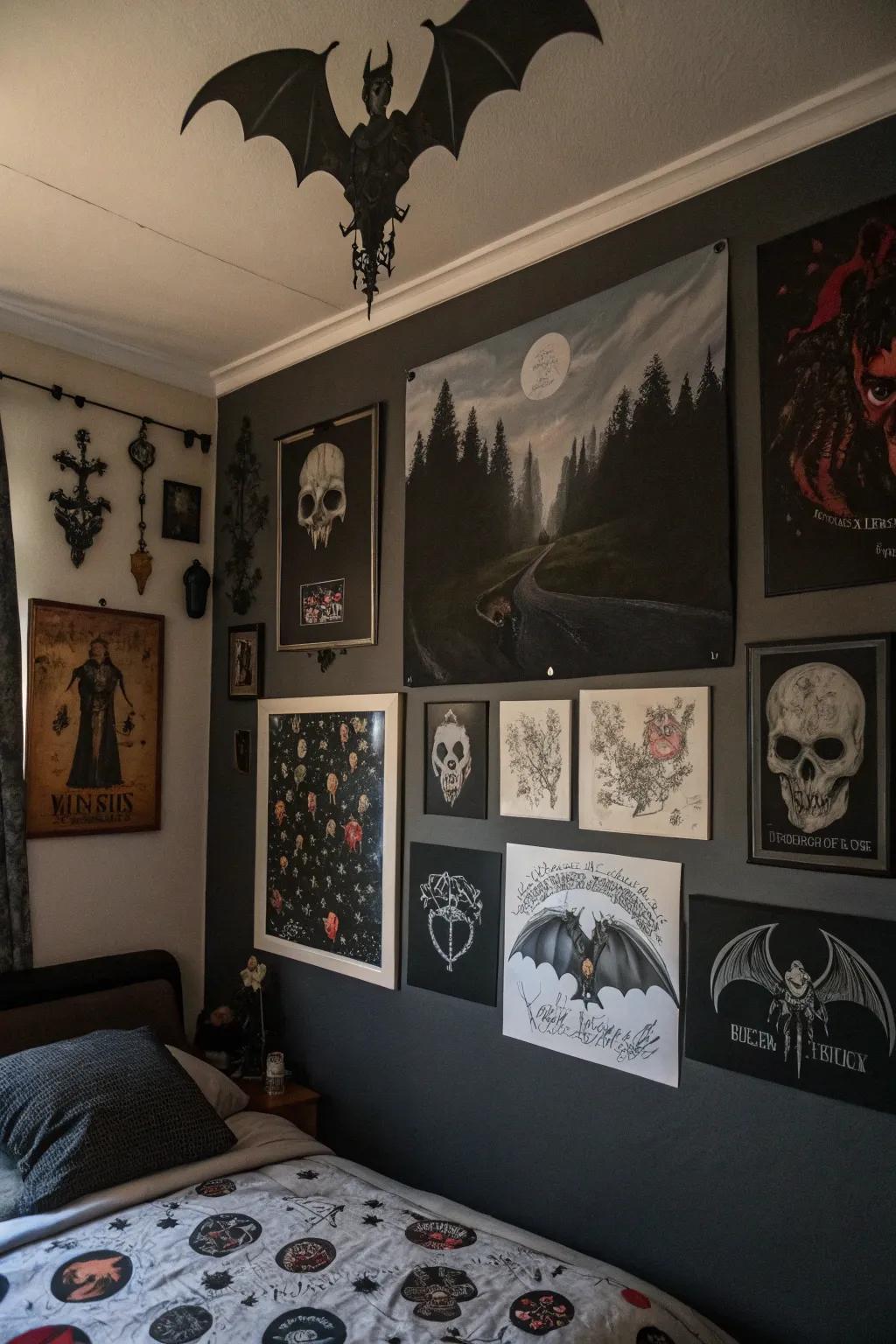 Gothic artwork injects a personal and artistic touch to the boudoir.