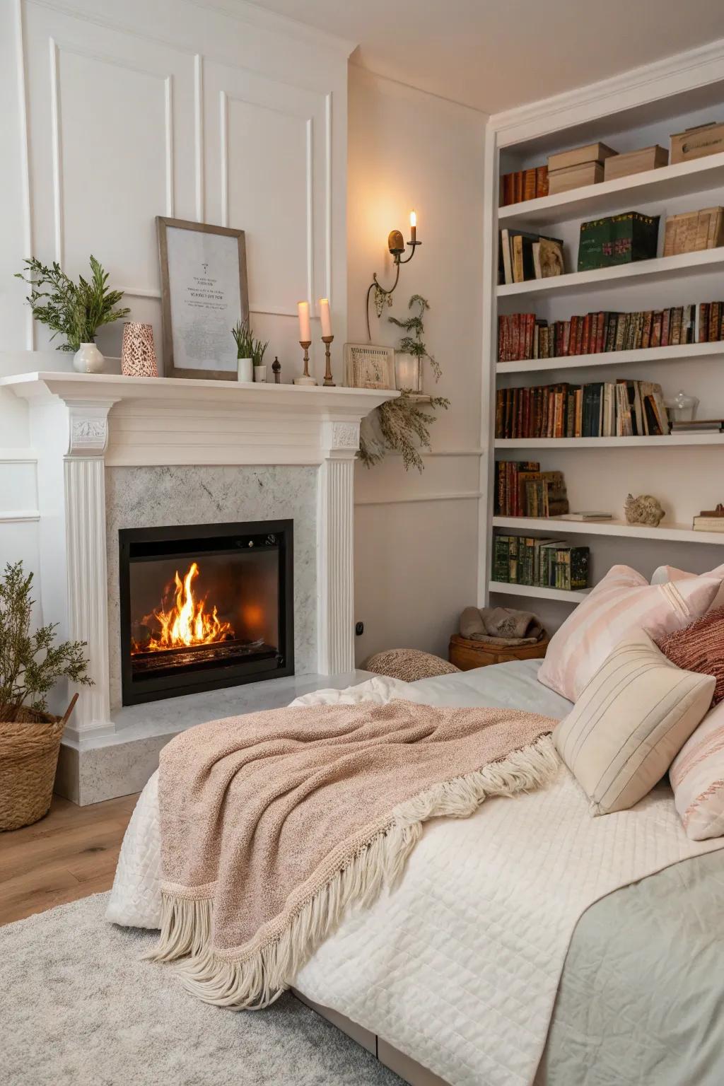 A fireplace element adds a main cozy feature to the area.