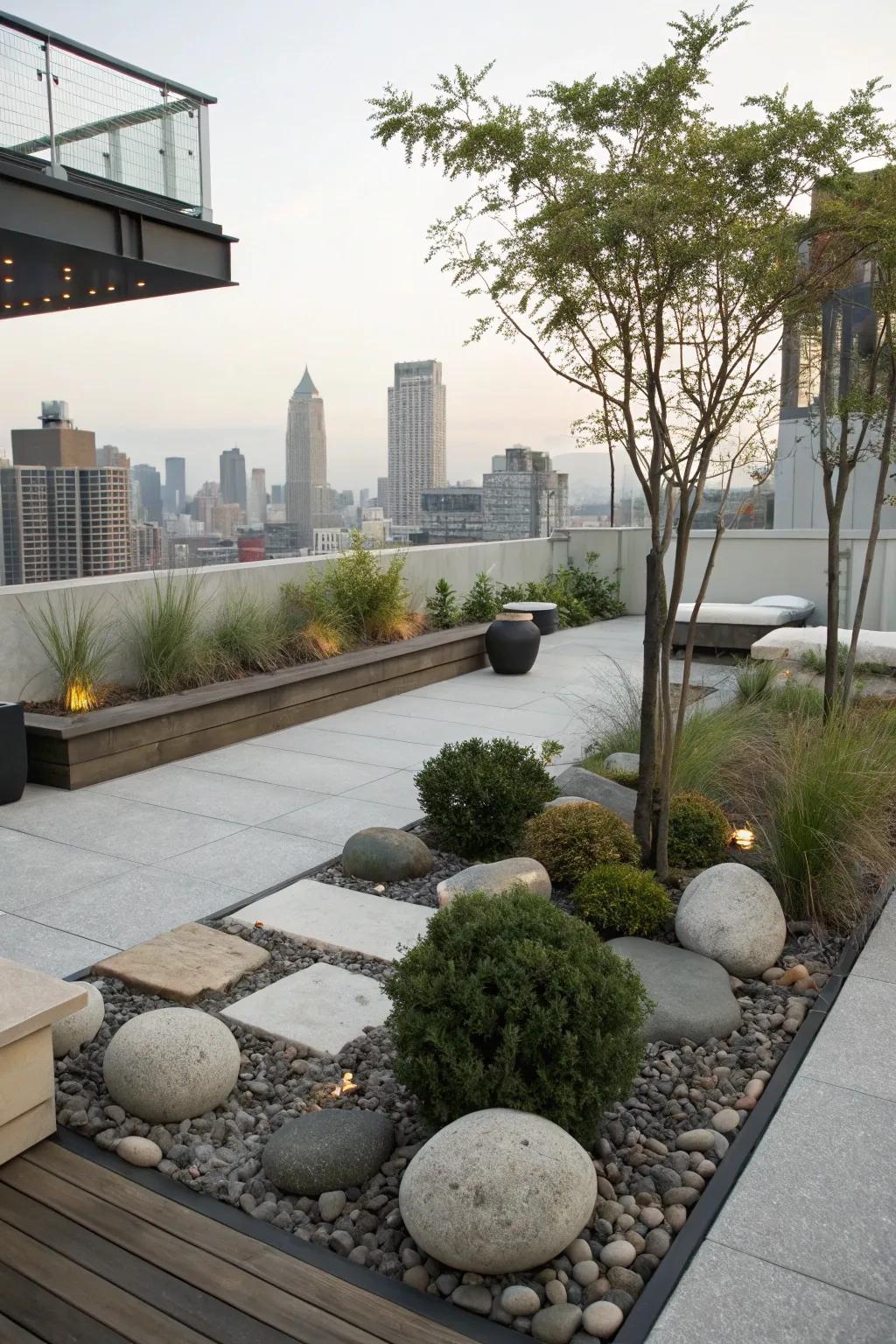A tranquil rooftop Zen garden retreat.
