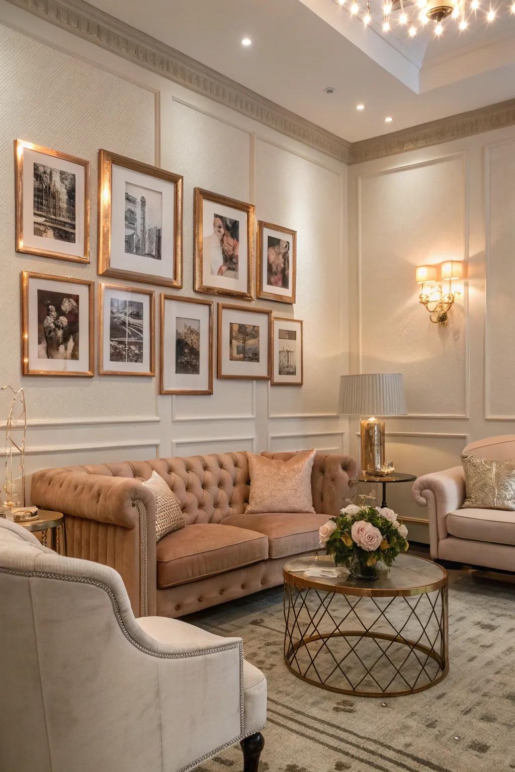 Sunset sheen picture frames add a cohesive element to the walls.