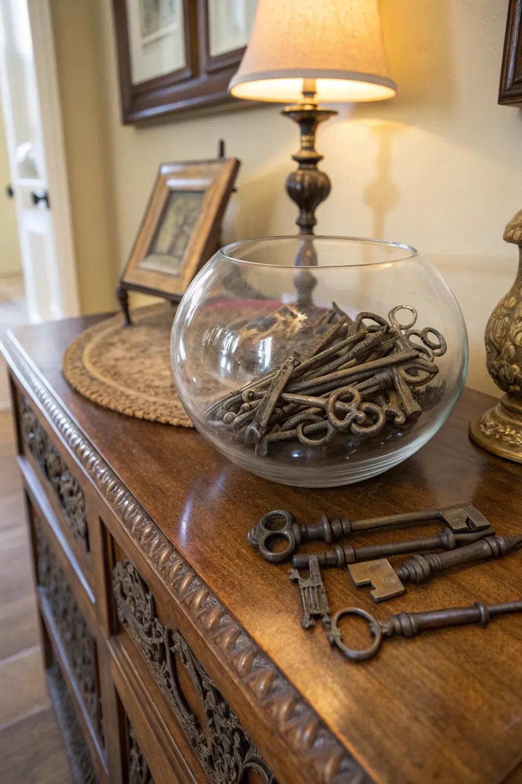 A collection of antique keys in a glass bowl contributes a classic charm.