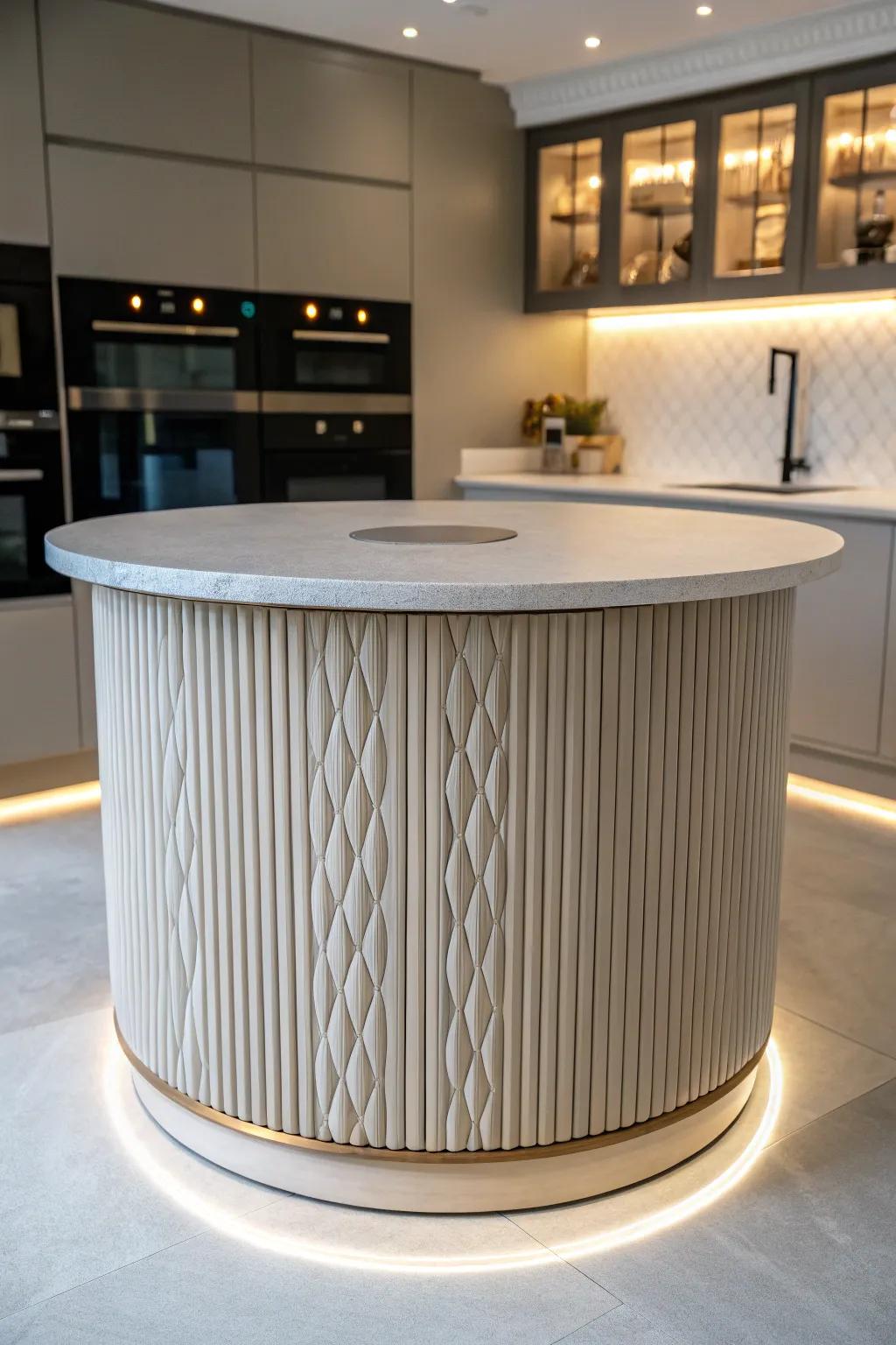 Sculpted designs introduce texture and elegance to a circular kitchen island.