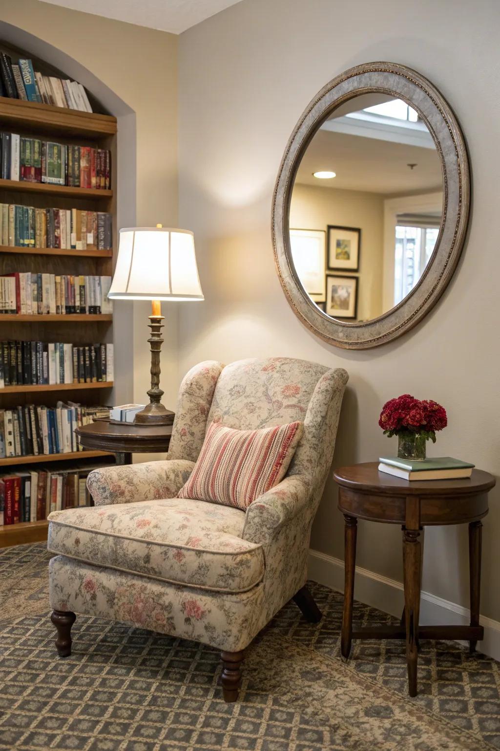 Circular mirror creating a cozy and inviting reading nook.