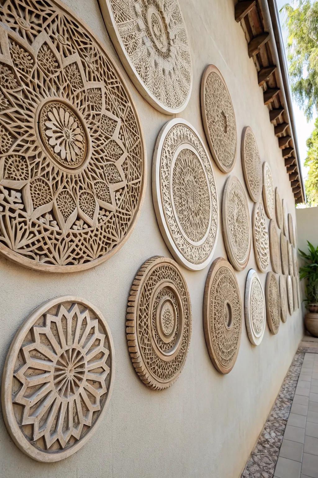 A wall adorned with spherical decor showcasing artistic configuration patterns.