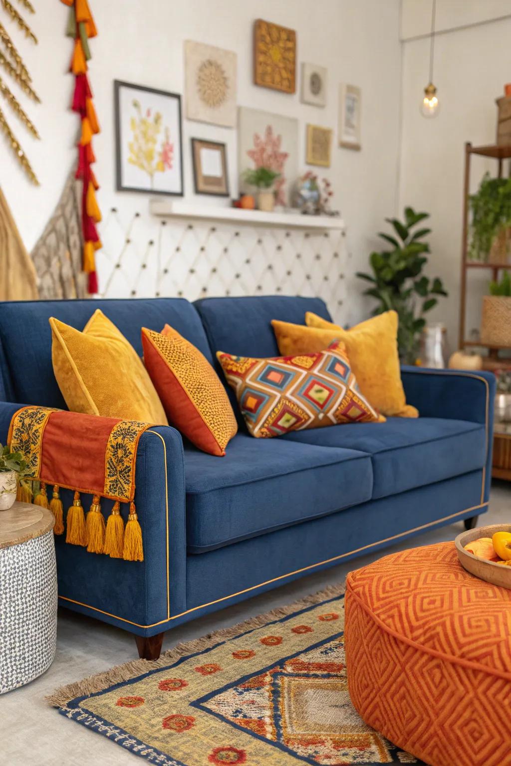 Daring contrast hues introduce vibrancy and energy to the sapphire-colored couch setting.