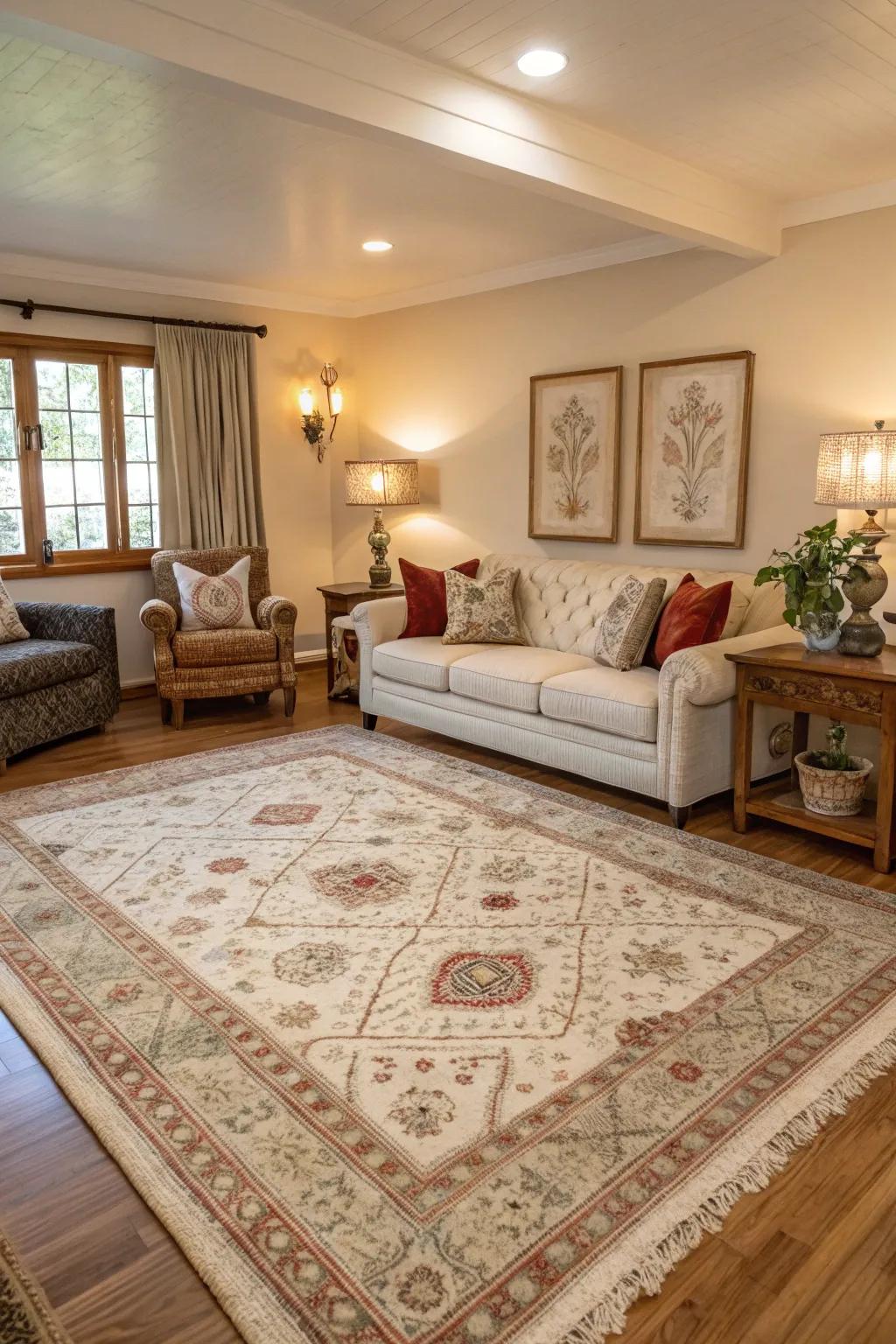 Balanced floor covering sizes contribute to a harmonious room layout.