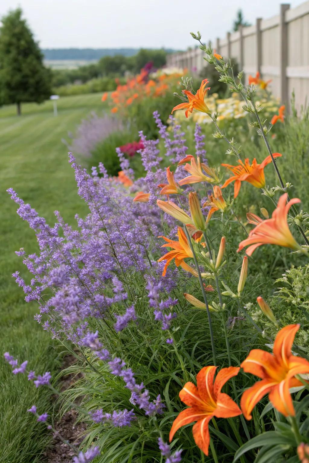 A bold and vibrant garden displaying Azure blooms and daylilies.