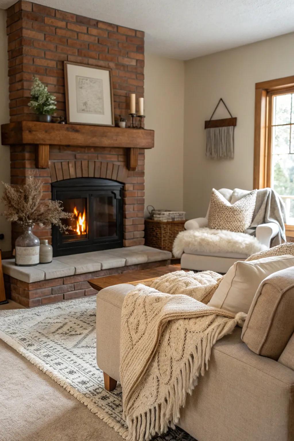 Neutral tones deliver a snug, appealing backdrop for your fireplace.