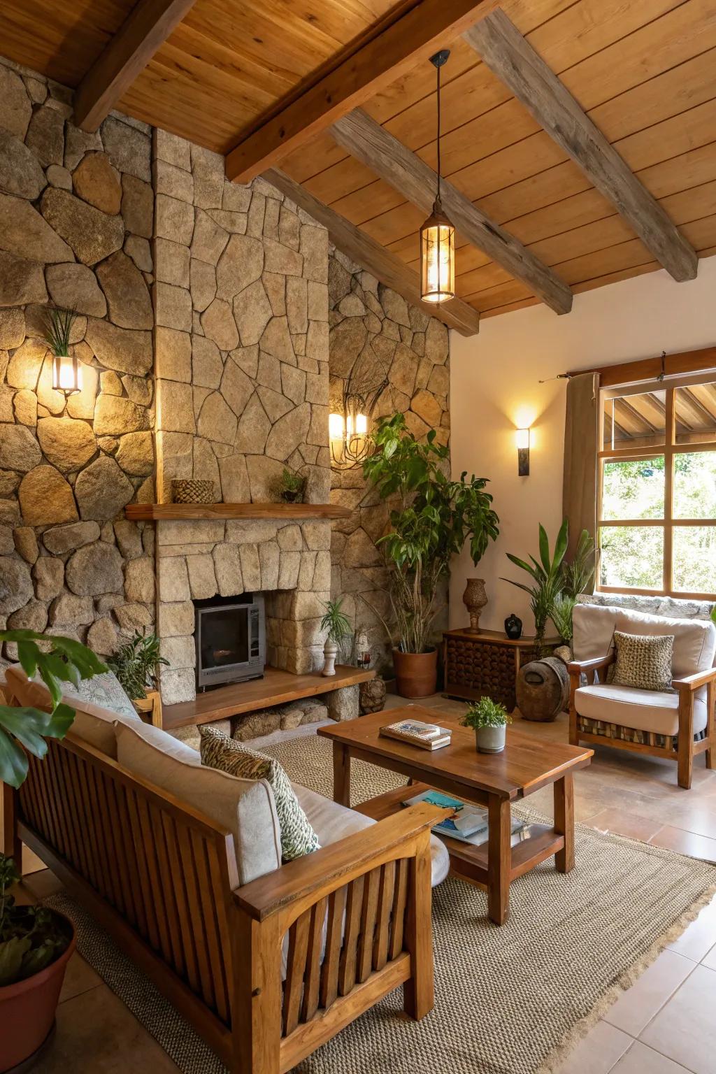 A living room showcasing a striking rock feature wall.
