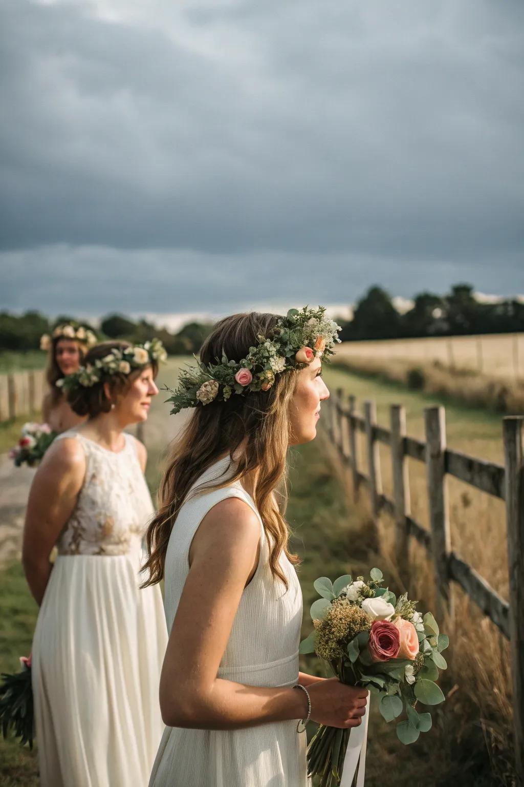 Do-It-Yourself blossom crowns contribute a whimsical bohemian vibe.