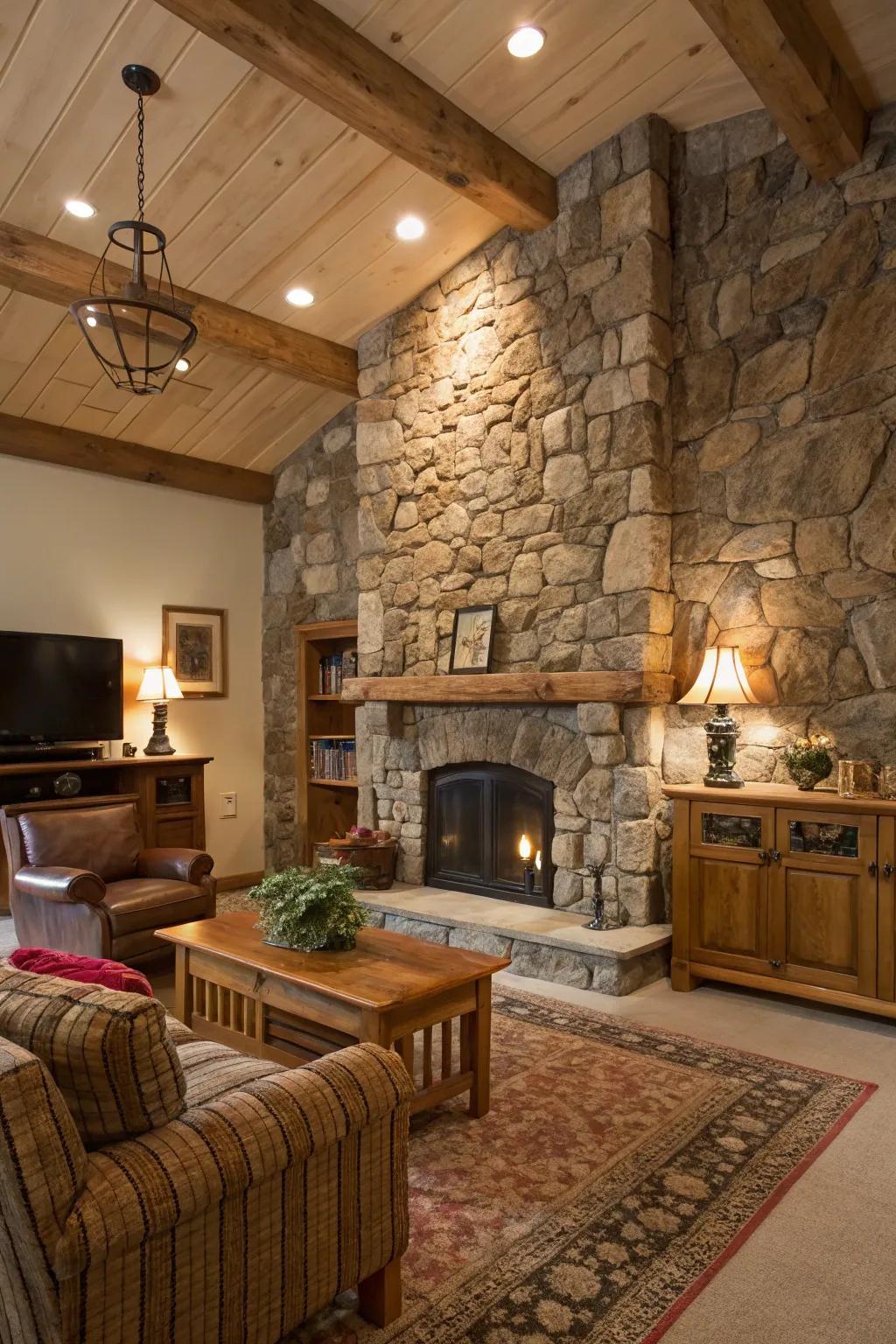 A striking rock wall injects a dramatic point of focus into the room.