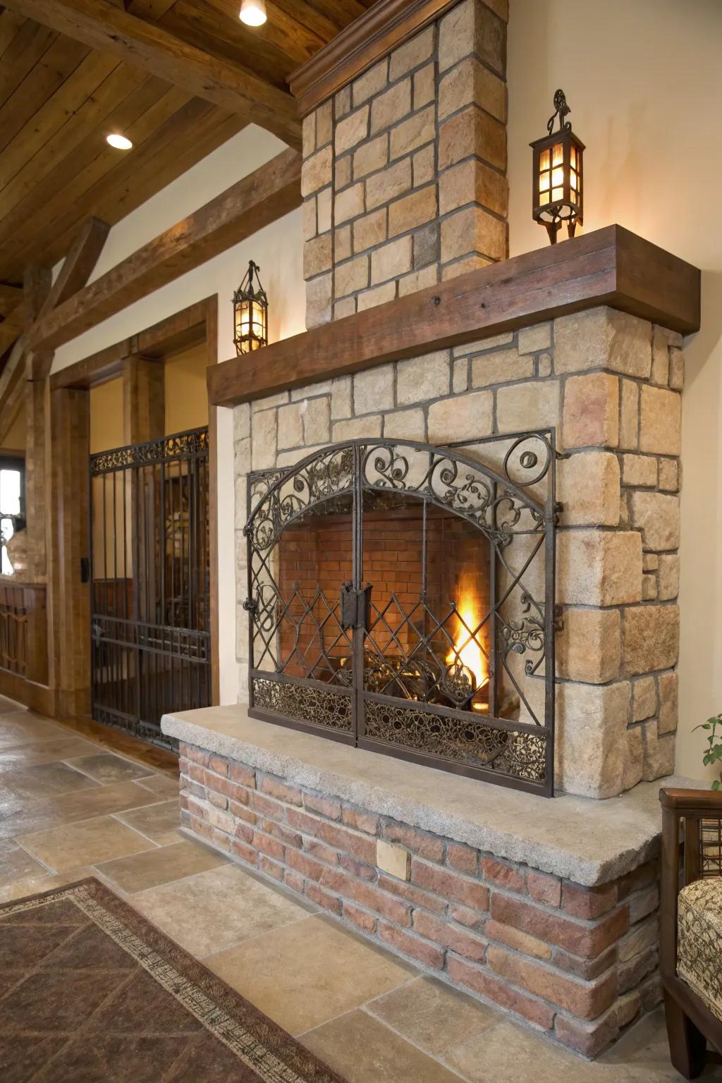 Metal touches supply industrial panache to this countryside fireplace.