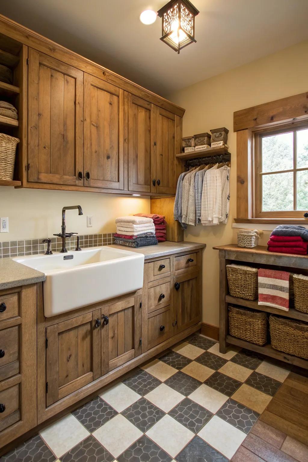 A farmhouse basin blends practicality with countryside refinement.