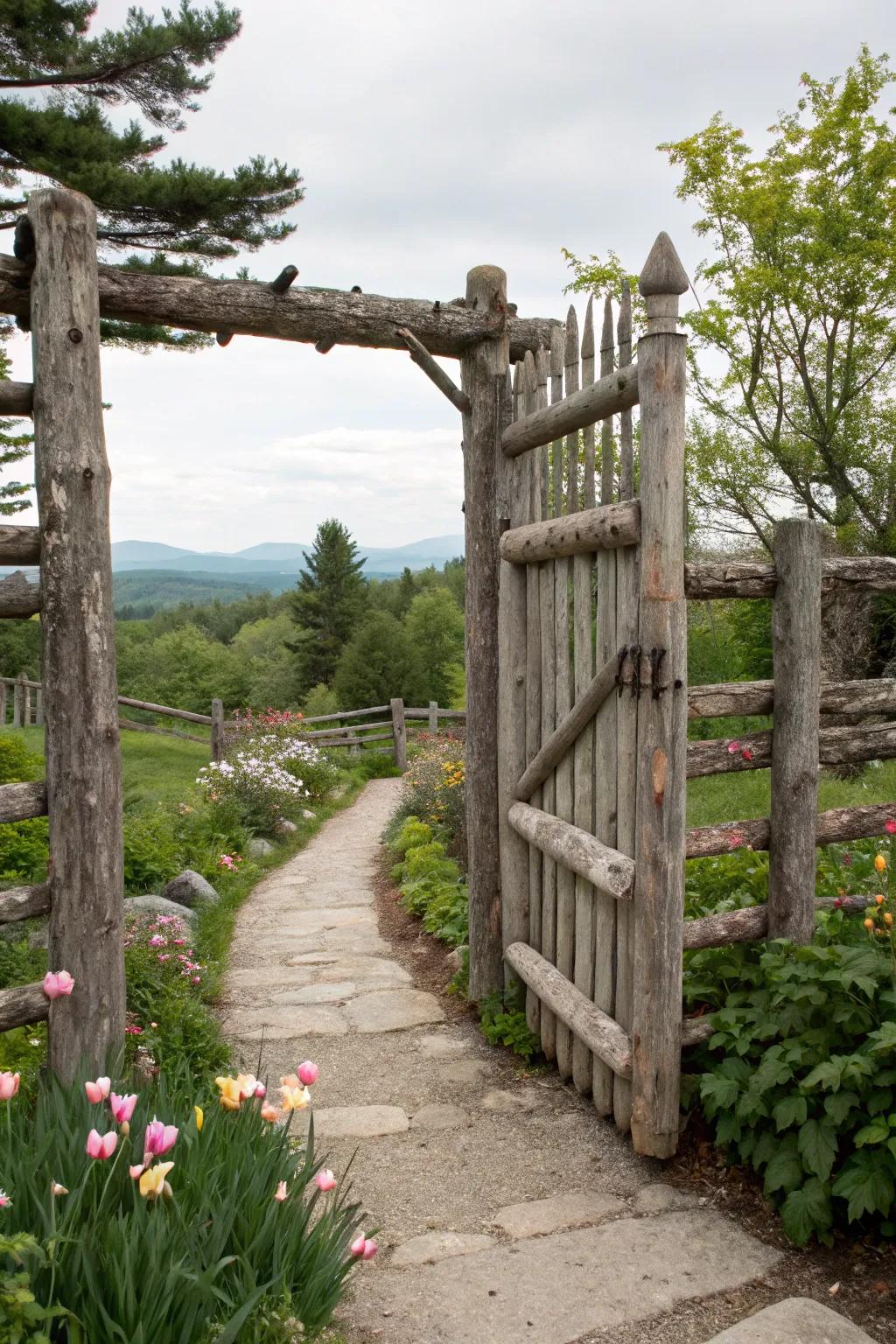A country-style log entrance serves as an appealing entrance to a garden walkway.