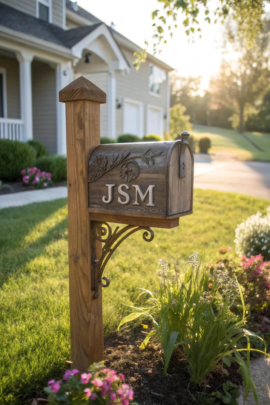 Bespoke carvings render this rustic mailbox support uniquely yours.