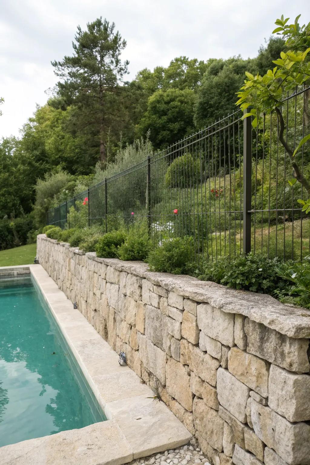 A robust inherent stonework barrier delivering countryside enclosure for the pool.