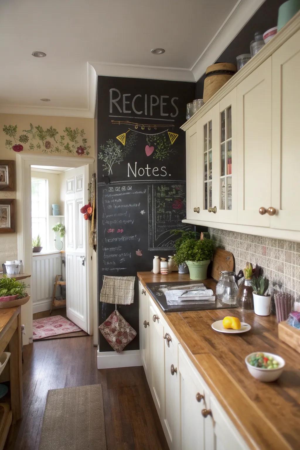 A chalkboard panel adds functionality and inventiveness to the kitchen.