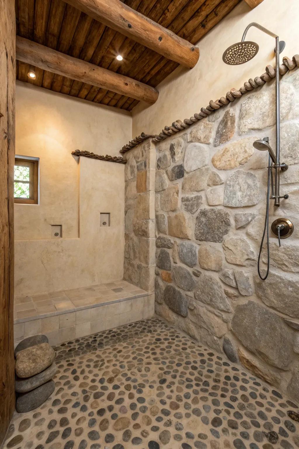 Small stone tiling adds a natural element, ideal for a gentle foot massage.