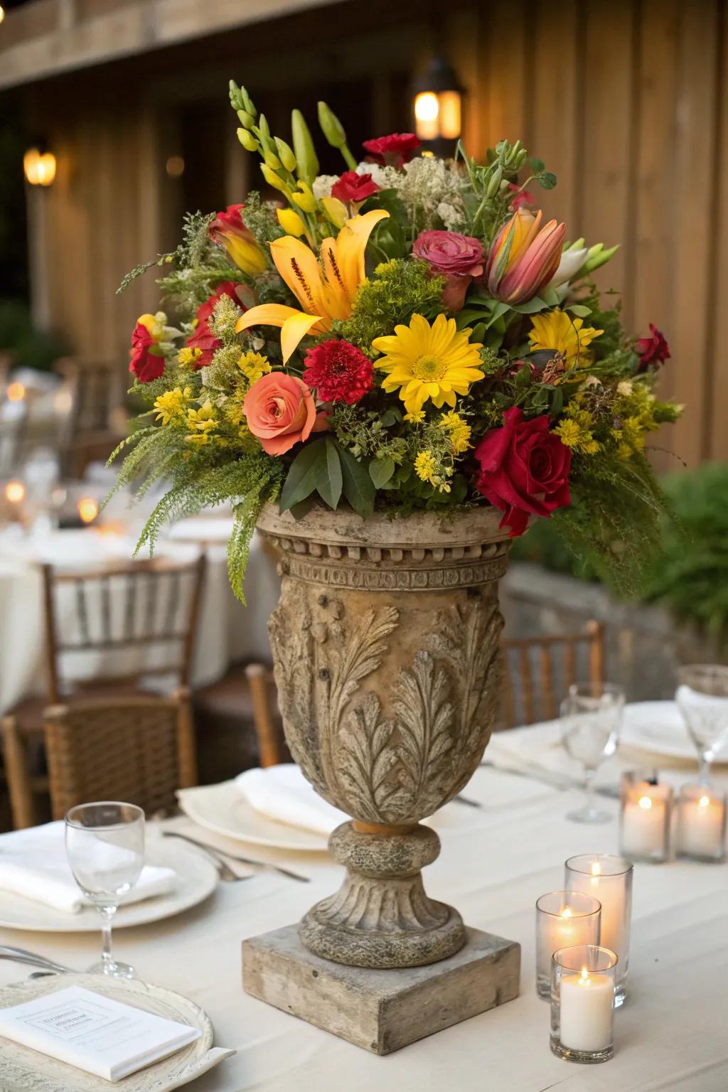 Country urns make striking and gorgeous table centerpieces.