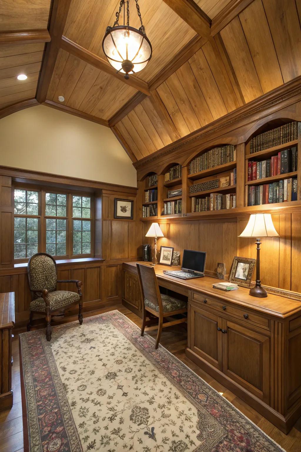 Ceiling paneling achieves a comfortable and intimate atmosphere.