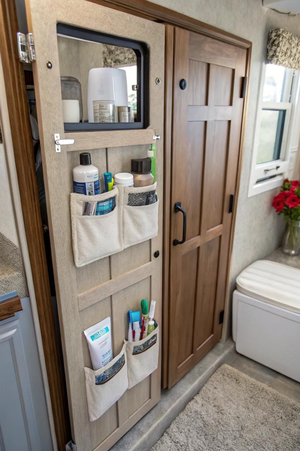 Take advantage of cabinet doors with storage pockets.