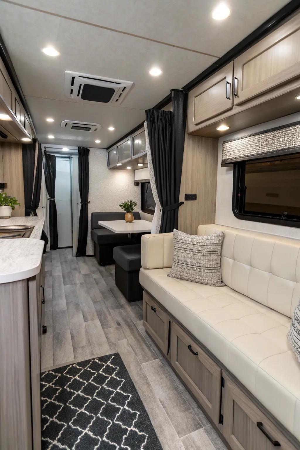 A monochrome palette crafts a streamlined, cohesive RV interior.