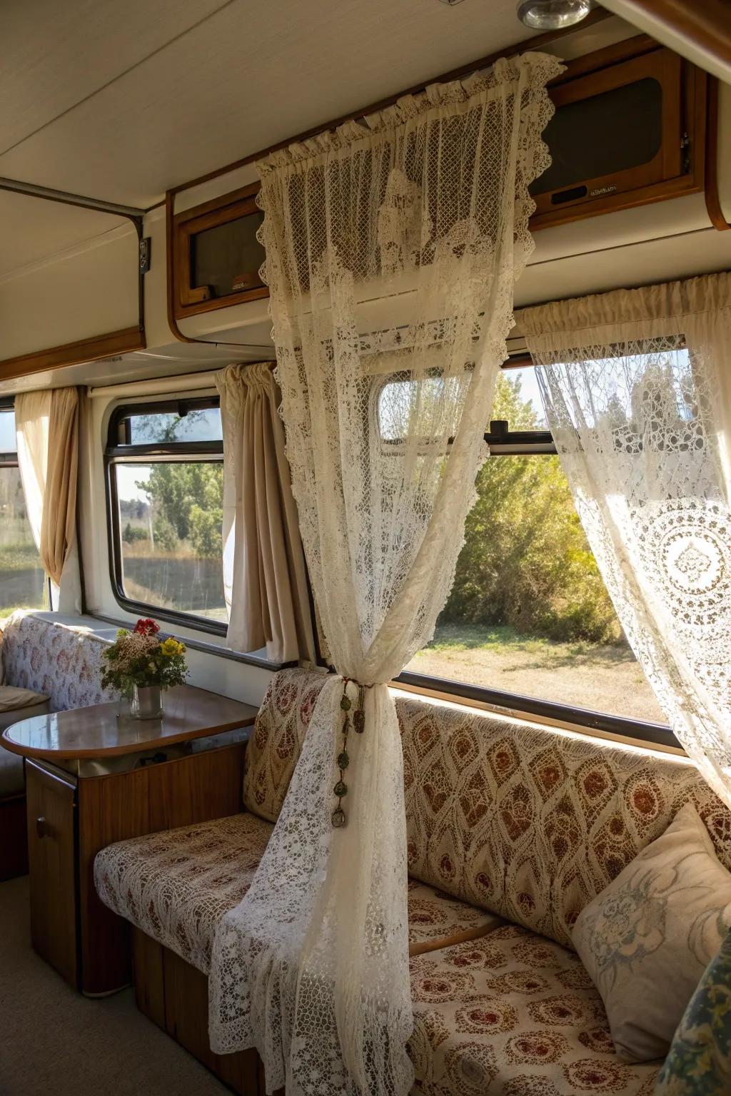 Vintage charm with delicate netting in your RV.