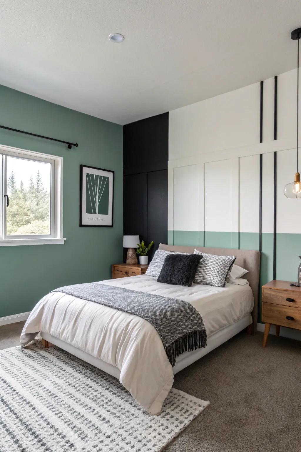 Colored blocked walls bring a modern and lively appearance to the bedroom.